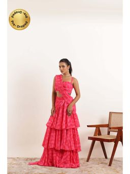 DEASHA INDIA - Anvi Pink Printed Ruffle Pre Drape Saree and Stitched Blouse