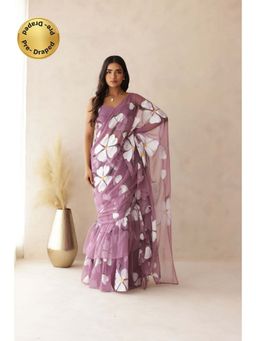 DEASHA INDIA - Kashni Mauve Ruffle Hand Painted Pre-Draped Saree with Stitched Blouse
