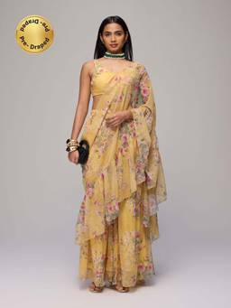 Gajra Gang - Yellow Georgette Floral Printed Pre Draped Saree Stitched Blouse Blushed Affair