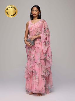 Gajra Gang - Pink Georgette Floral Printed Pre Draped Saree With Stitched Blouse Blushed Affair