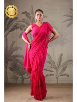 Geroo Jaipur - Pink Chiffon Pre-Stitched Saree with Unstitched Blouse