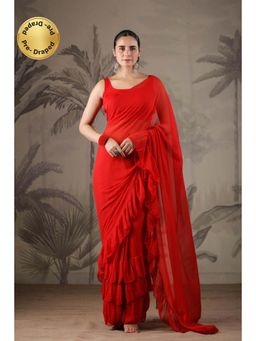 Geroo Jaipur - Red Chiffon Pre-Stitched Saree with Unstitched Blouse