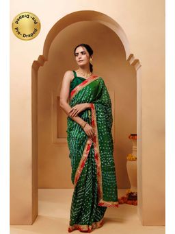 Geroo Jaipur - Green Bandhani Pre-Stitched Silk Saree with Unstitched Blouse