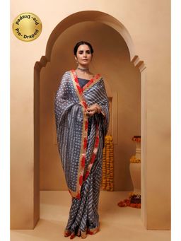 Geroo Jaipur - Grey Bandhani Pre-Stitched Silk Saree with Unstitched Blouse