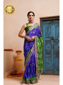 Geroo Jaipur - Blue Green Bandhani Pre-Stitched Silk Saree with Unstitched Blouse