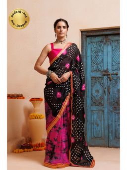 Geroo Jaipur - Pink Black Shibori Bandhani Pre-Stitched Silk Saree with Unstitched Blouse