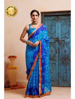 Geroo Jaipur - Blue Turquoise Blue Shibori Bandhani Pre-Stitched Silk Saree with Unstitched Blouse
