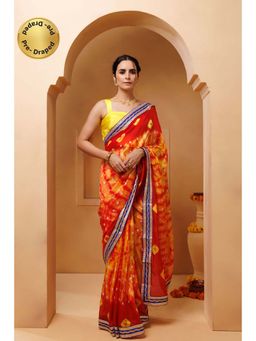 Geroo Jaipur - Red Yellow Shibori Bandhani Pre-Stitched Silk Saree with Unstitched Blouse