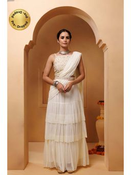 Geroo Jaipur - Off White Pre-Stitched Chiffon Saree with Stitched Blouse