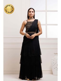 Geroo Jaipur - Black Pre-Stitched Chiffon Saree with Stitched Blouse