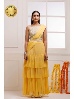 Geroo Jaipur - Yellow Pre-Stitched Chiffon Saree with Stitched Blouse