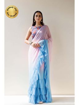 Geroo Jaipur - Blue Pink Pleated Ombre Pre-Stitched Chiffon Saree with Unstitched Blouse