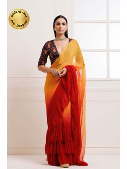 Geroo Jaipur - Orange Red Pleated Ombre Pre-Stitched Chiffon Saree with Unstitched Blouse