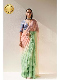 Geroo Jaipur - Green Peach Pleated Ombre Pre-Stitched Chiffon Saree with Unstitched Blouse
