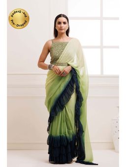Geroo Jaipur - Green Pleated Ombre Pre-Stitched Chiffon Saree with Stitched Blouse