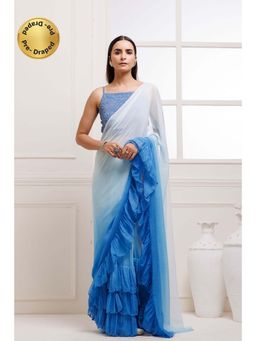 Geroo Jaipur - Blue Pleated Ombre Pre-Stitched Chiffon Saree with Stitched Blouse