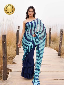 Geroo Jaipur - Blue Pre-Stitched Chiffon Saree with Unstitched Blouse