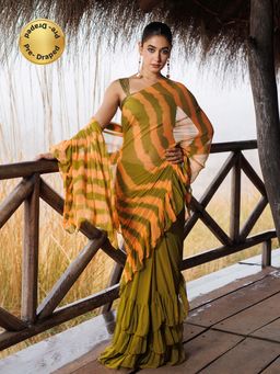 Geroo Jaipur - Green And Orange Pre-Stitched Chiffon Saree with Unstitched Blouse