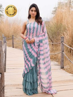 Geroo Jaipur - Blue And Pink Pre-Stitched Chiffon Saree with Unstitched Blouse