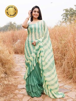 Geroo Jaipur - Green And Yellow Pre-Stitched Chiffon Saree with Unstitched Blouse