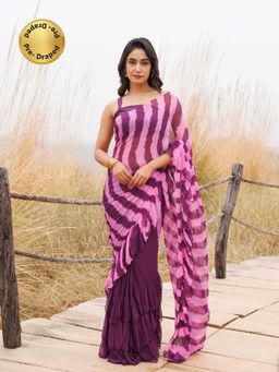 Geroo Jaipur - Purple And Pink Pre-Stitched Chiffon Saree with Unstitched Blouse