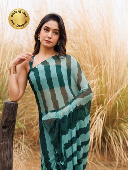 Geroo Jaipur - Teal Pre-Stitched Chiffon Saree with Unstitched Blouse