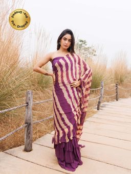 Geroo Jaipur - Purple And Beige Pre-Stitched Chiffon Saree with Unstitched Blouse