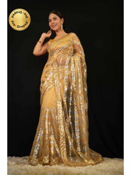 Isadora Life - Womens Sequined Beige Pre-Draped Saree With Unstitched Blouse
