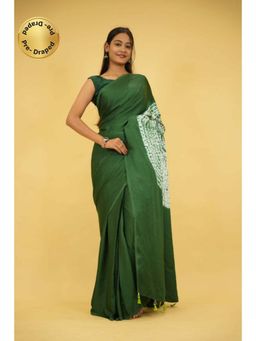 Isadora Life - Womens Printed Tassels Green Pre-Draped Saree With Unstitched Blouse