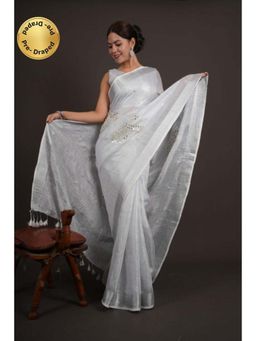 Isadora Life - Womens Mirror Work Tassels Grey Pre-Draped Saree With Unstitched Blouse