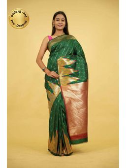 Isadora Life - Womens Woven Zari Green Pre-Draped Saree With Unstitched Blouse