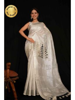 Isadora Life - Womens Embroidered Mirror Work White Pre-Draped Saree With Unstitched Blouse