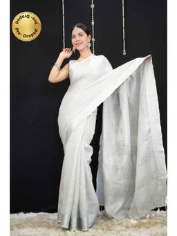 Isadora Life - Womens Solid Tassels White Pre-Draped Saree With Unstitched Blouse