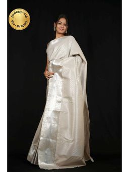 Isadora Life - Womens Woven Zari White Pre-Draped Saree With Unstitched Blouse