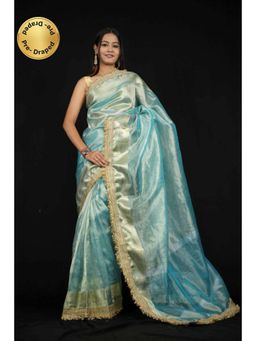 Isadora Life - Womens Solid Embroidered Blue Pre-Draped Saree With Unstitched Blouse