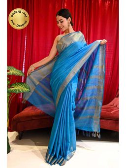 Isadora Life - Womens Woven Zari Blue Pre-Draped Saree With Unstitched Blouse