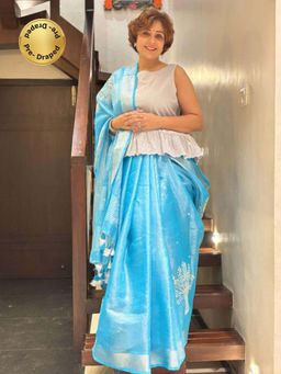 Isadora Life - Womens Embroidered Mirror Work Blue Pre-Draped Saree With Unstitched Blouse