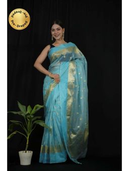 Isadora Life - Womens Woven Zari Blue Pre-Draped Saree With Unstitched Blouse