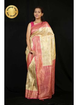 Isadora Life - Womens Woven Zari Cream Pre-Draped Saree With Unstitched Blouse