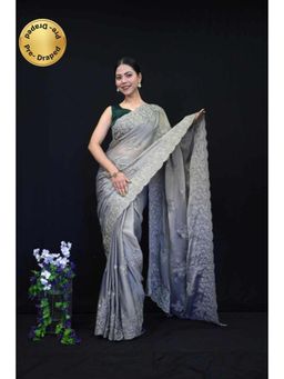 Isadora Life - Womens Embroidered Sequined Grey Pre-Draped Saree With Unstitched Blouse
