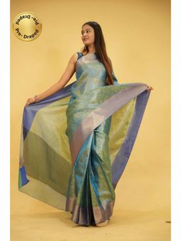 Isadora Life - Womens Floral Zari Blue Pre-Draped Saree With Unstitched Blouse