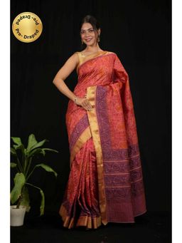 Isadora Life - Womens Printed Red Pre-Draped Saree With Unstitched Blouse