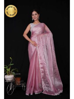 Isadora Life - Womens Sequined Lace Work Pink Pre-Draped Saree With Unstitched Blouse