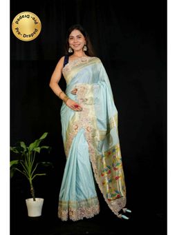 Isadora Life - Womens Embroidered Sequined Blue Pre-Draped Saree With Unstitched Blouse