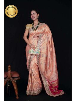 Isadora Life - Womens Bandhani Printed Peach Pre-Draped Saree With Unstitched Blouse