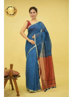 Isadora Life - Womens Printed Tassels Blue Pre-Draped Saree With Unstitched Blouse