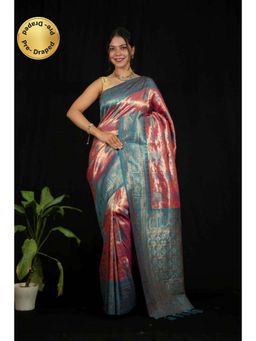 Isadora Life - Womens Woven Zari Pink Pre-Draped Saree With Unstitched Blouse