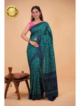 Isadora Life - Womens Printed Embroidered Blue Pre-Draped Saree With Unstitched Blouse