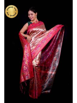 Isadora Life - Womens Woven Zari Pink Pre-Draped Saree With Unstitched Blouse