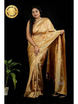 Isadora Life - Womens Woven Tassels Gold Pre-Draped Saree With Unstitched Blouse